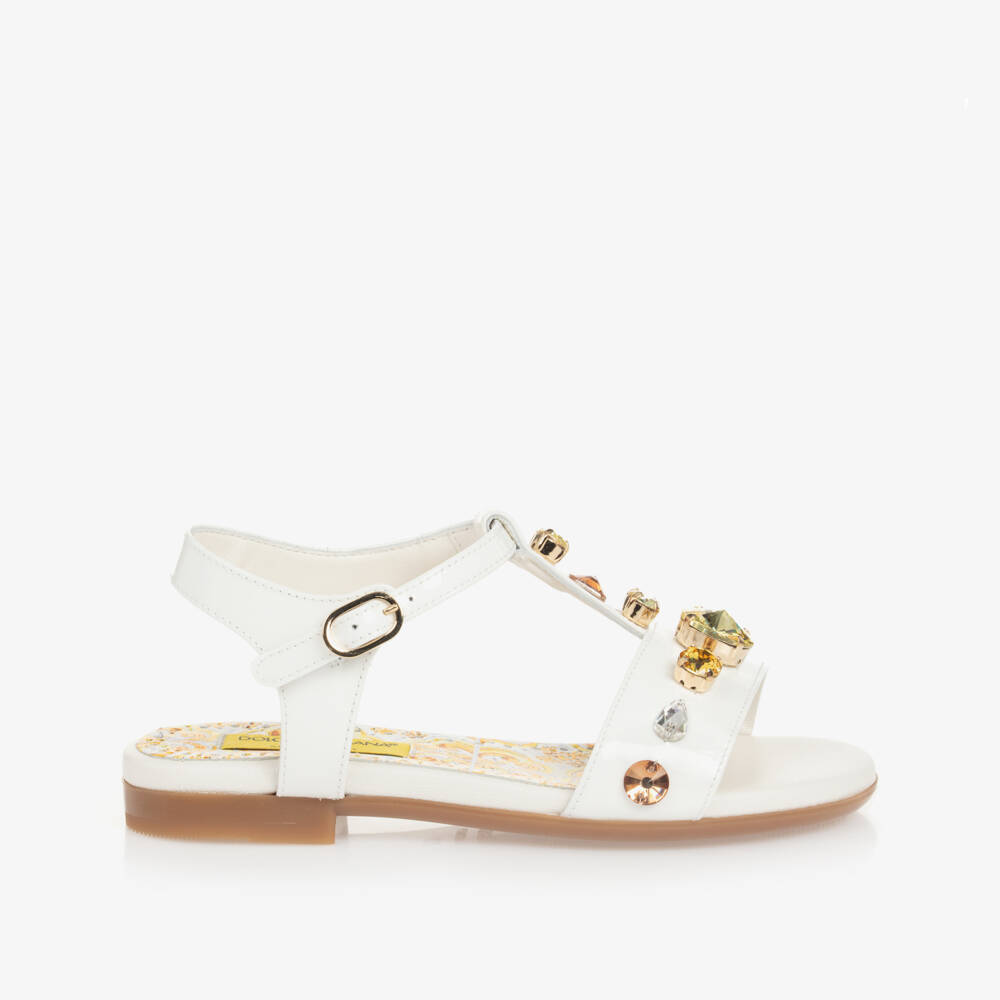Dolce & Gabbana-Girls White Patent Crystal Sandals | Childrensalon Outlet