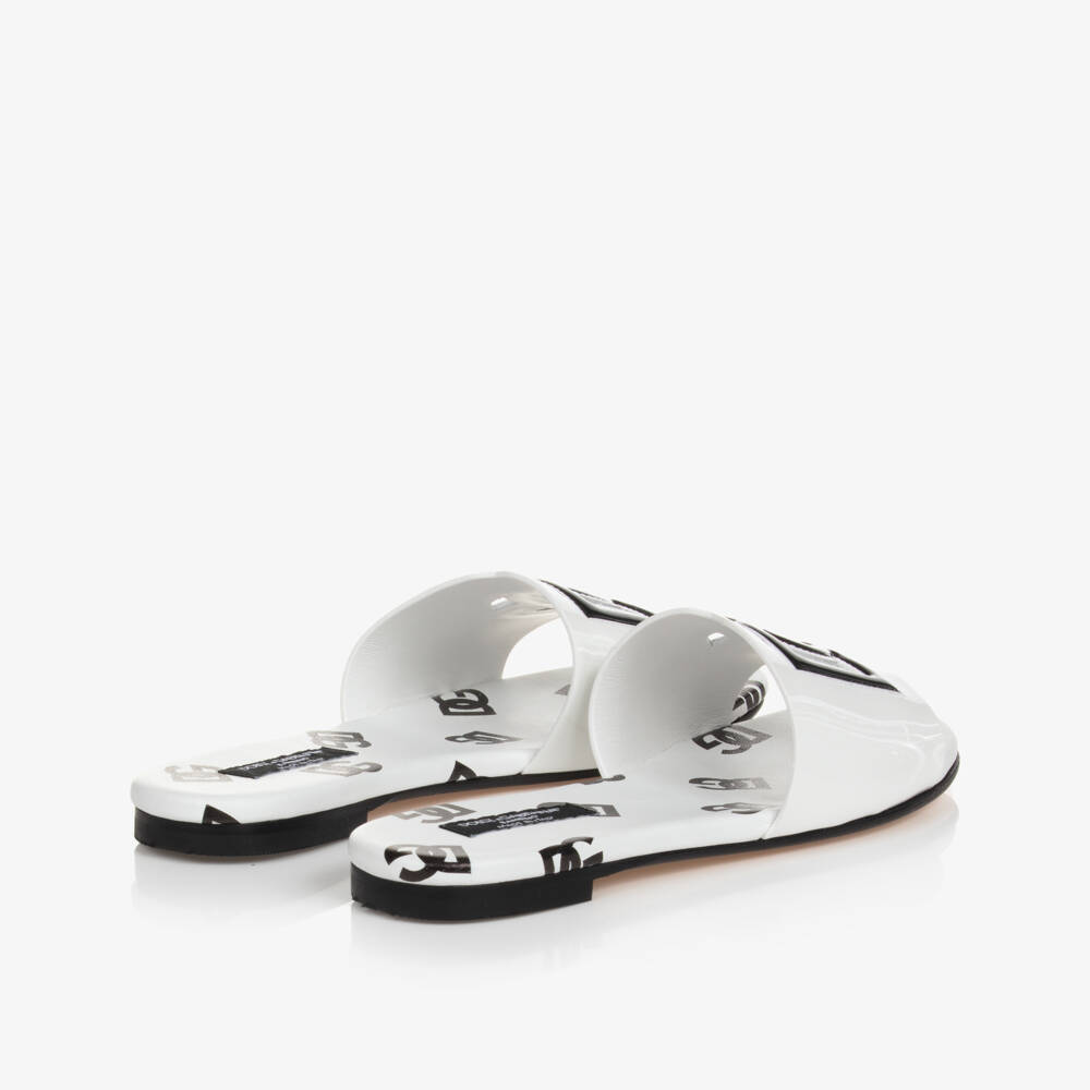Dolce & Gabbana-Girls White Patent Leather DG Sliders | Childrensalon Outlet