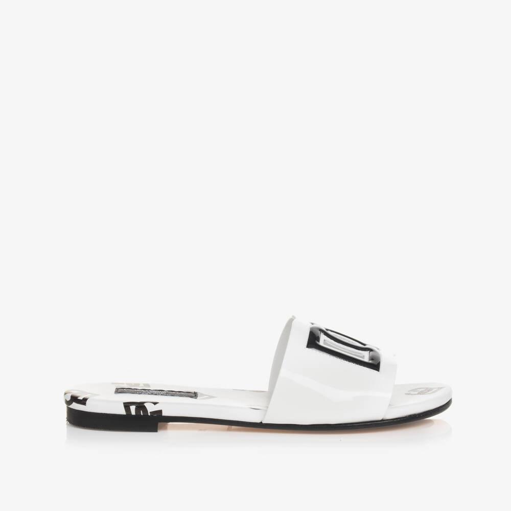 Dolce & Gabbana-Girls White Patent Leather DG Sliders | Childrensalon Outlet