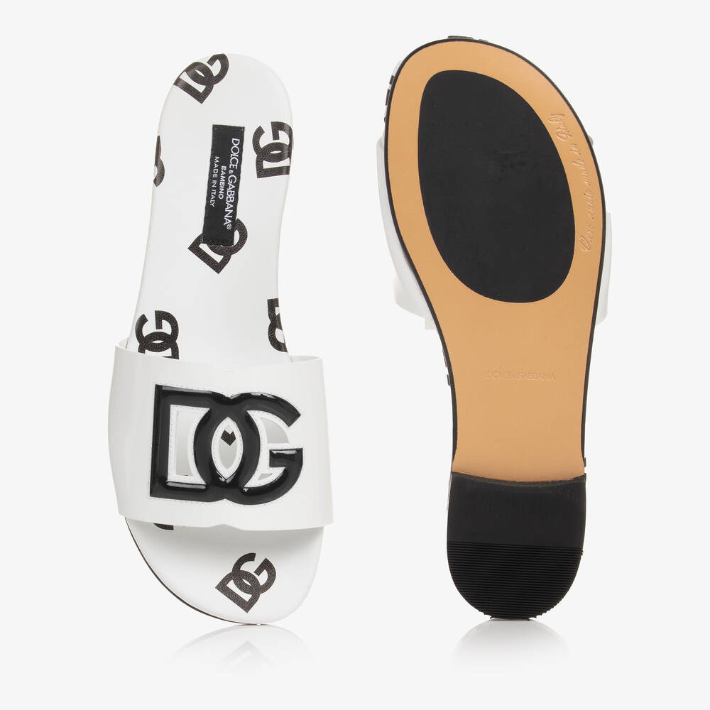 Dolce & Gabbana-Girls White Patent Leather DG Sliders | Childrensalon Outlet