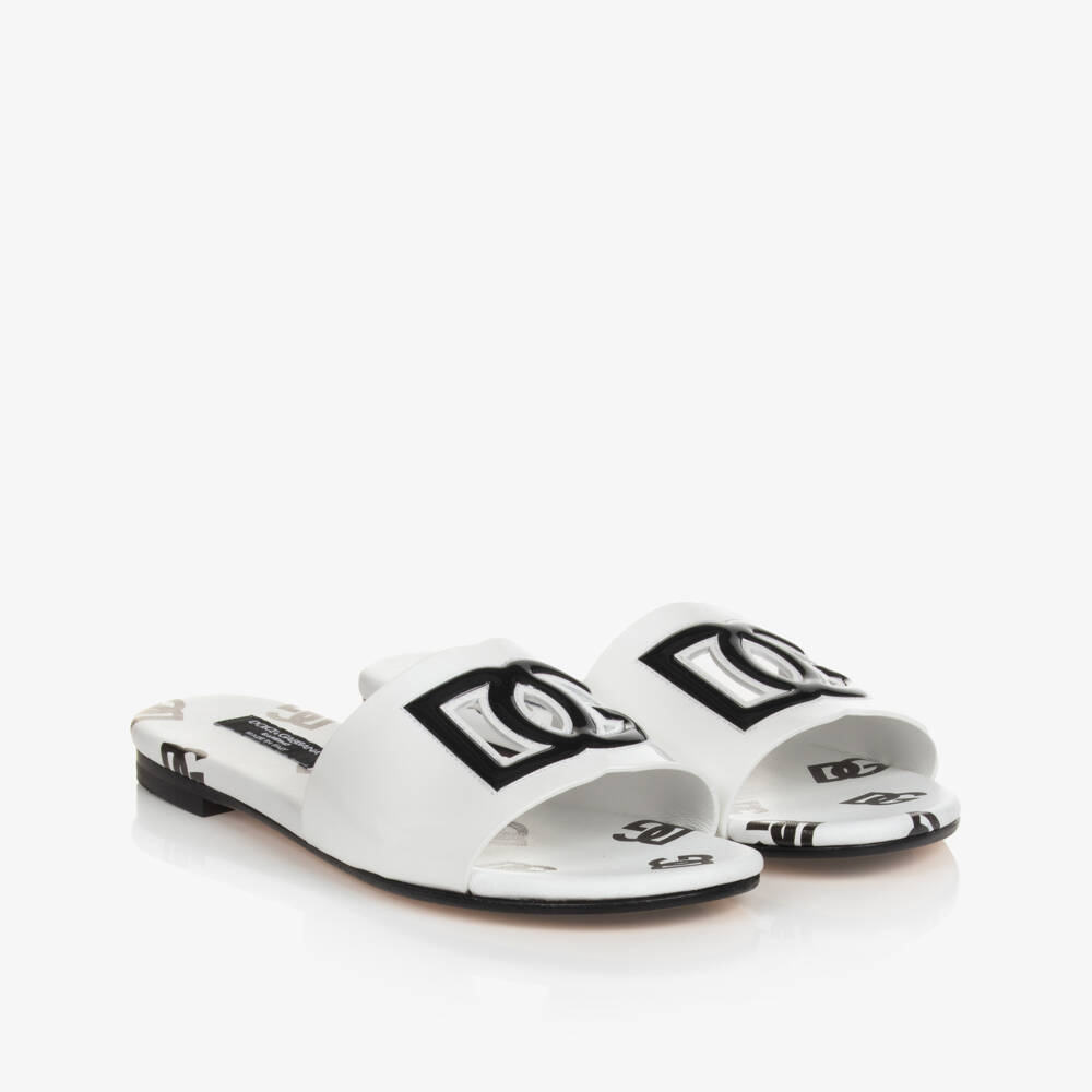 Dolce & Gabbana-شبشب سلايدرز جلد لامع لون أبيض وأسود للبنات | Childrensalon Outlet