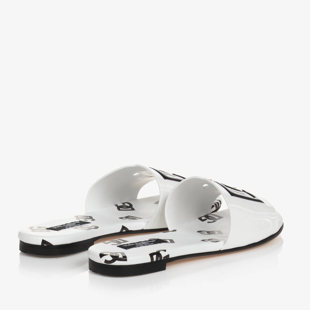 Dolce & Gabbana-Girls White Patent Leather DG Sliders | Childrensalon Outlet