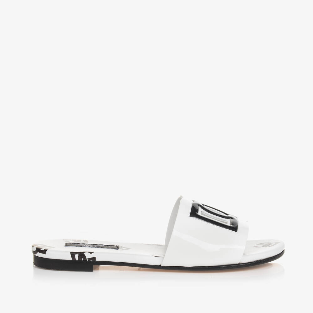 Dolce & Gabbana-Girls White Patent Leather DG Sliders | Childrensalon Outlet