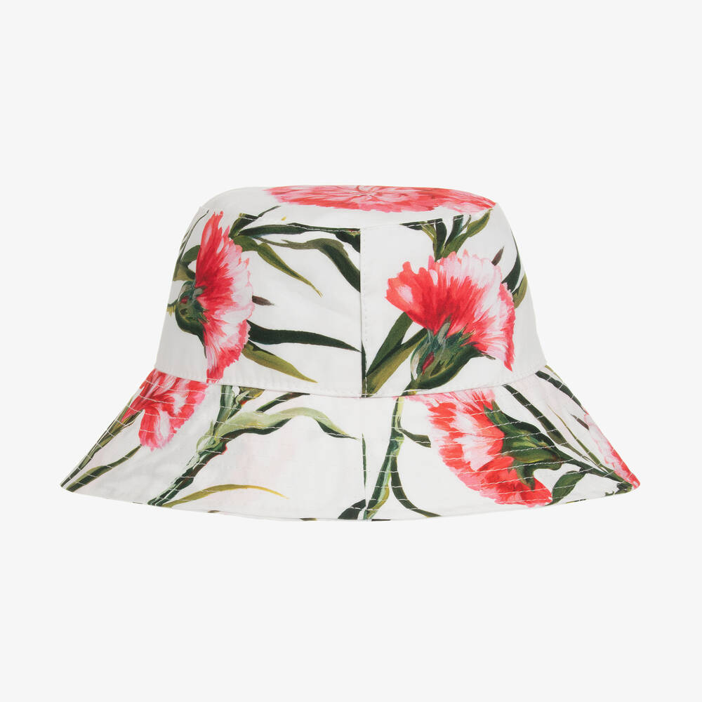 Dolce & Gabbana-Girls White & Pink Carnation Bucket Hat | Childrensalon Outlet