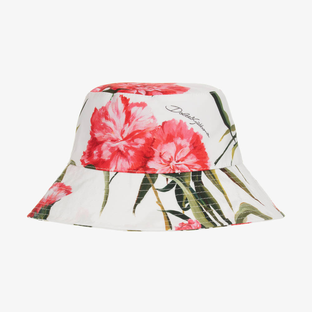 Dolce & Gabbana - Girls White & Pink Carnation Bucket Hat | Childrensalon