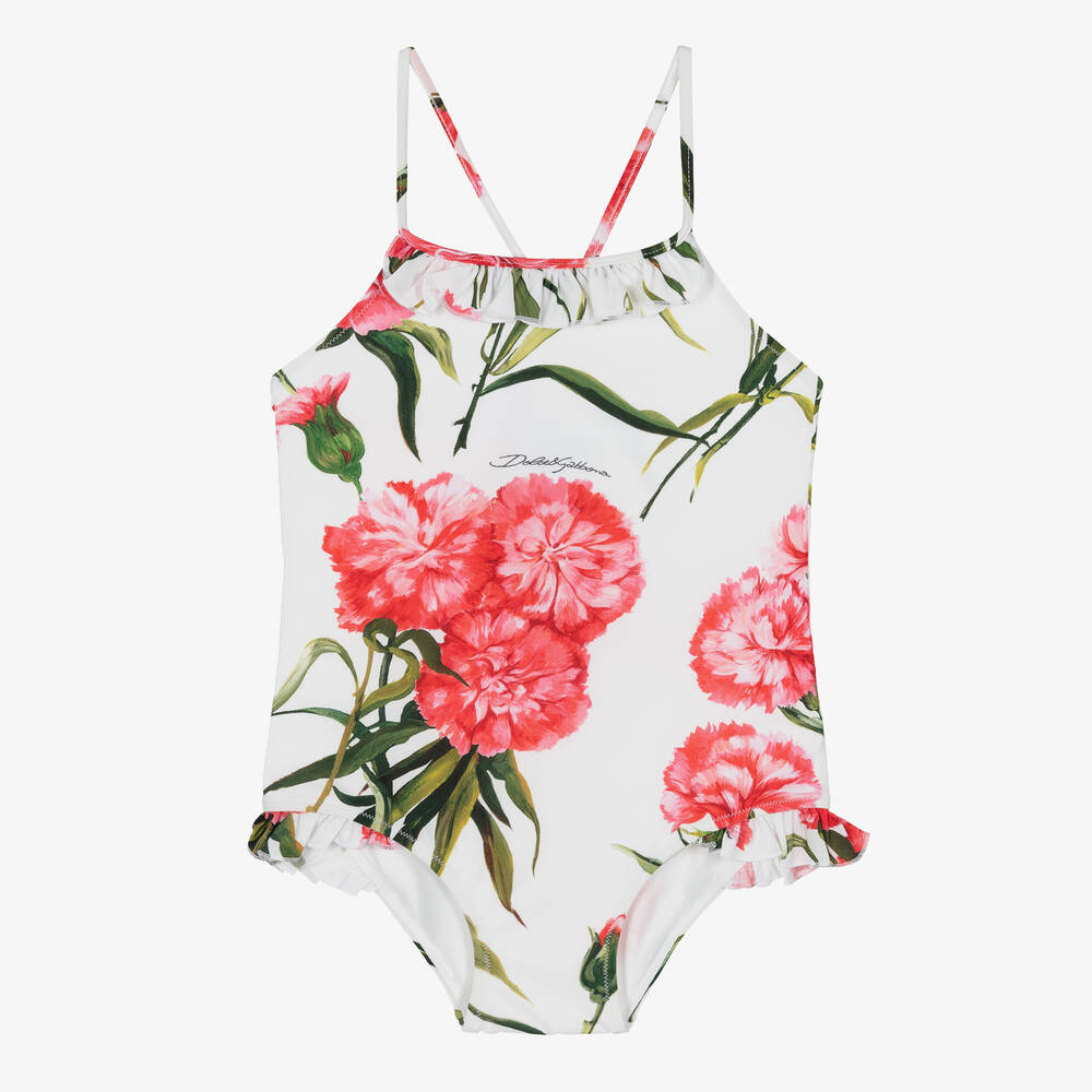 Dolce & Gabbana - Girls White & Pink Carnation Swimsuit | Childrensalon