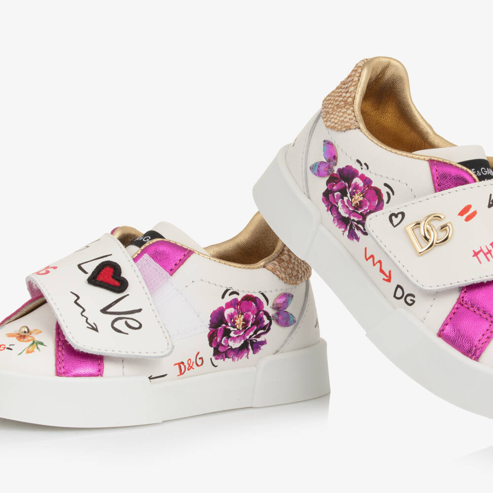 Dolce & Gabbana-Girls White & Pink Floral Leather Trainers | Childrensalon Outlet