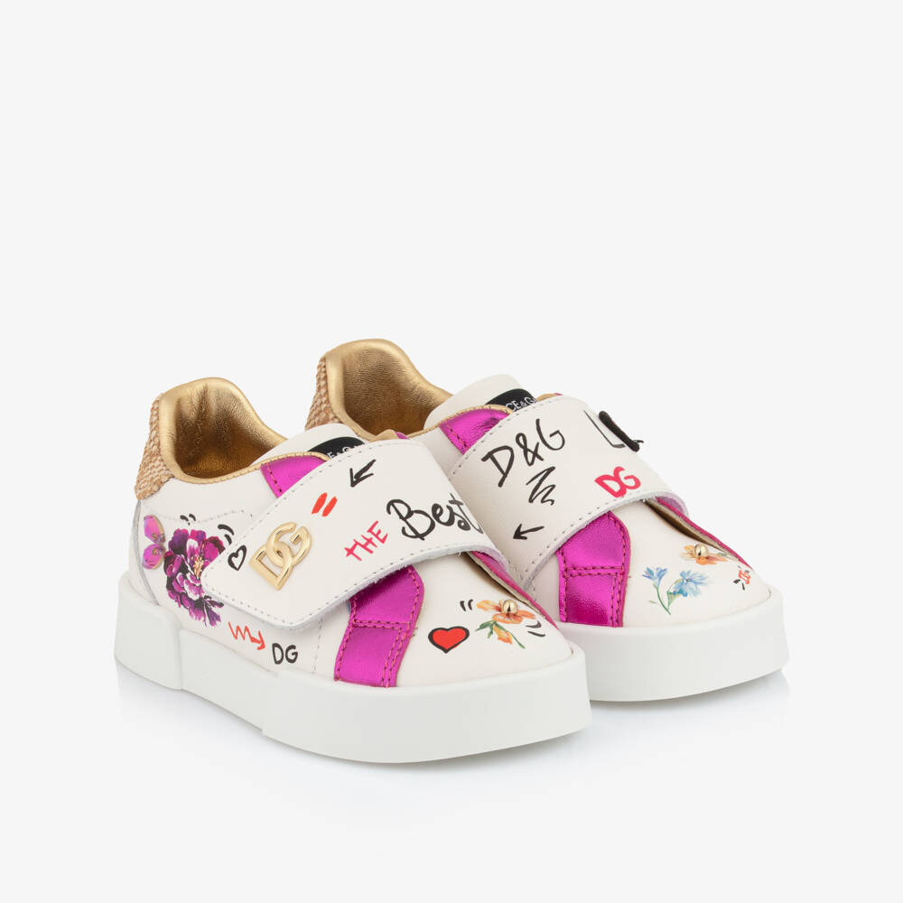 Dolce & Gabbana-Girls White & Pink Floral Leather Trainers | Childrensalon Outlet
