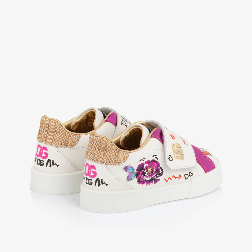 Dolce & Gabbana-Girls White & Pink Floral Leather Trainers | Childrensalon Outlet