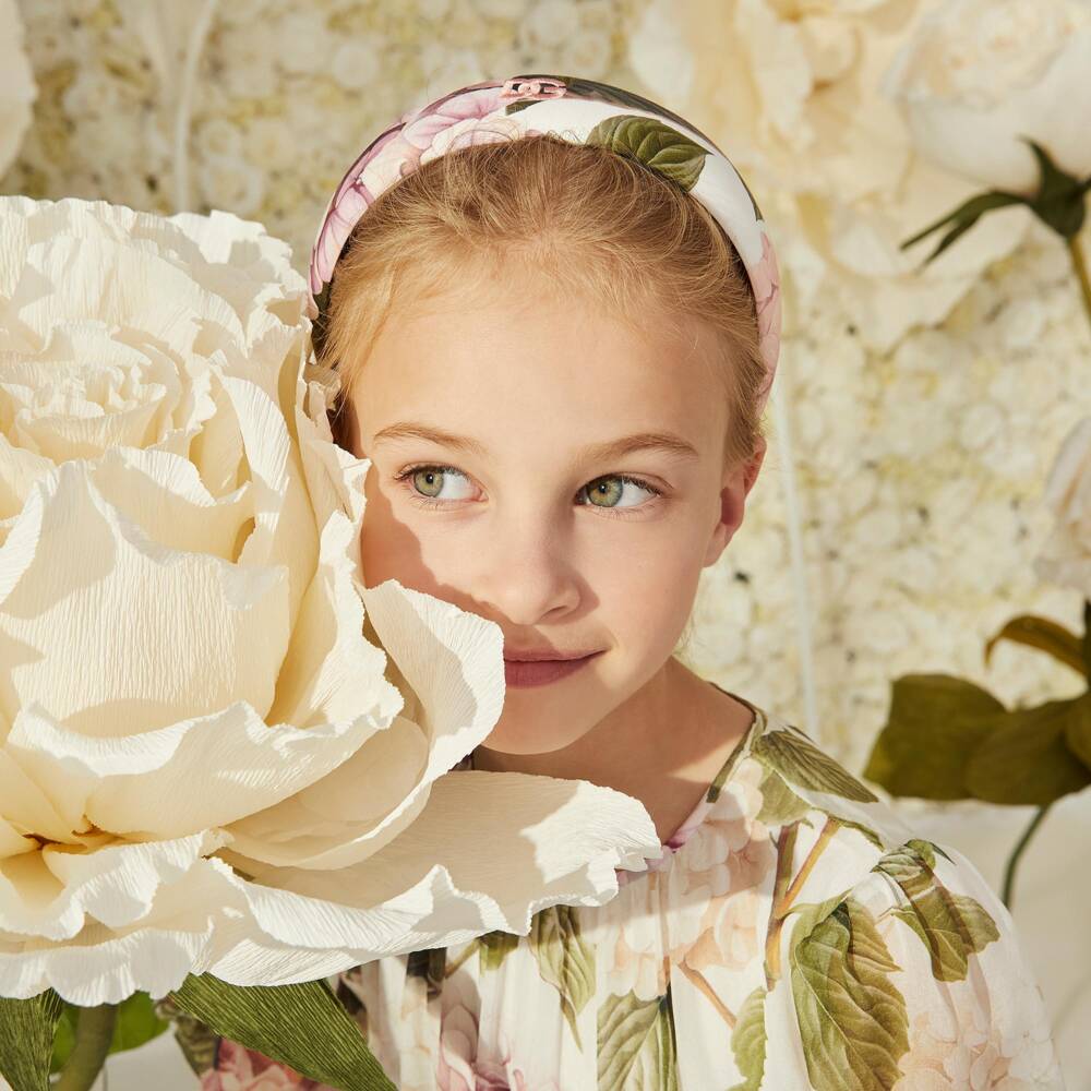 Dolce & Gabbana-Girls White & Pink Hydrangea Print Cotton Hairband | Childrensalon Outlet