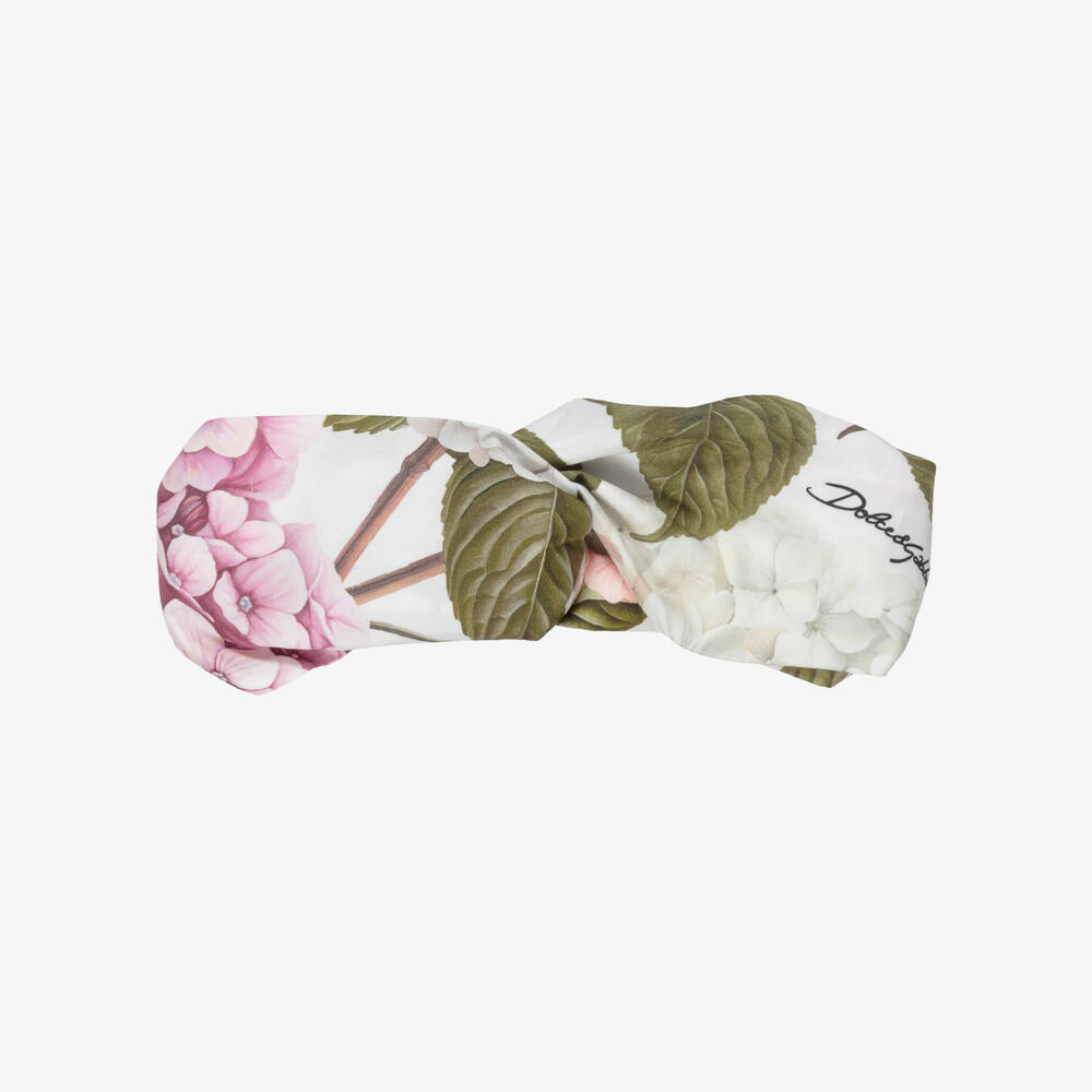 Dolce & Gabbana-Girls White & Pink Hydrangea Print Cotton Headband | Childrensalon Outlet