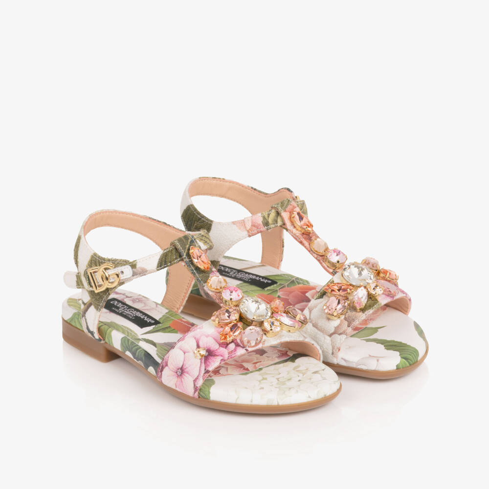 Dolce & Gabbana-Girls White & Pink Hydrangea Print Sandals | Childrensalon Outlet