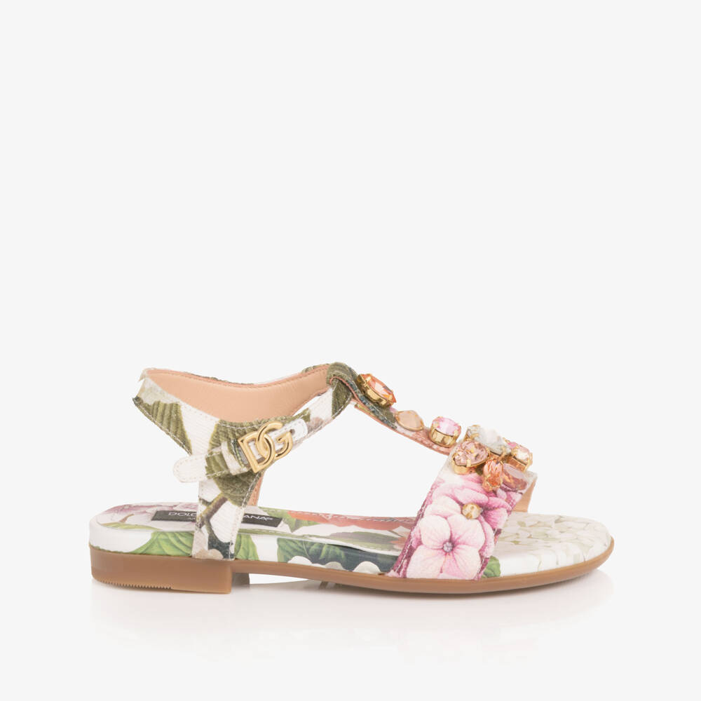 Dolce & Gabbana-Girls White & Pink Hydrangea Print Sandals | Childrensalon Outlet