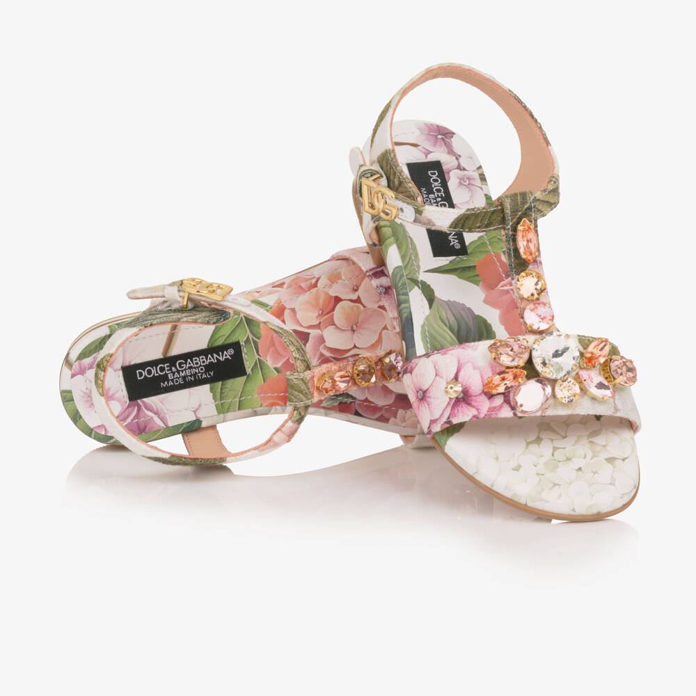 Dolce & Gabbana-Girls White & Pink Hydrangea Print Sandals | Childrensalon Outlet