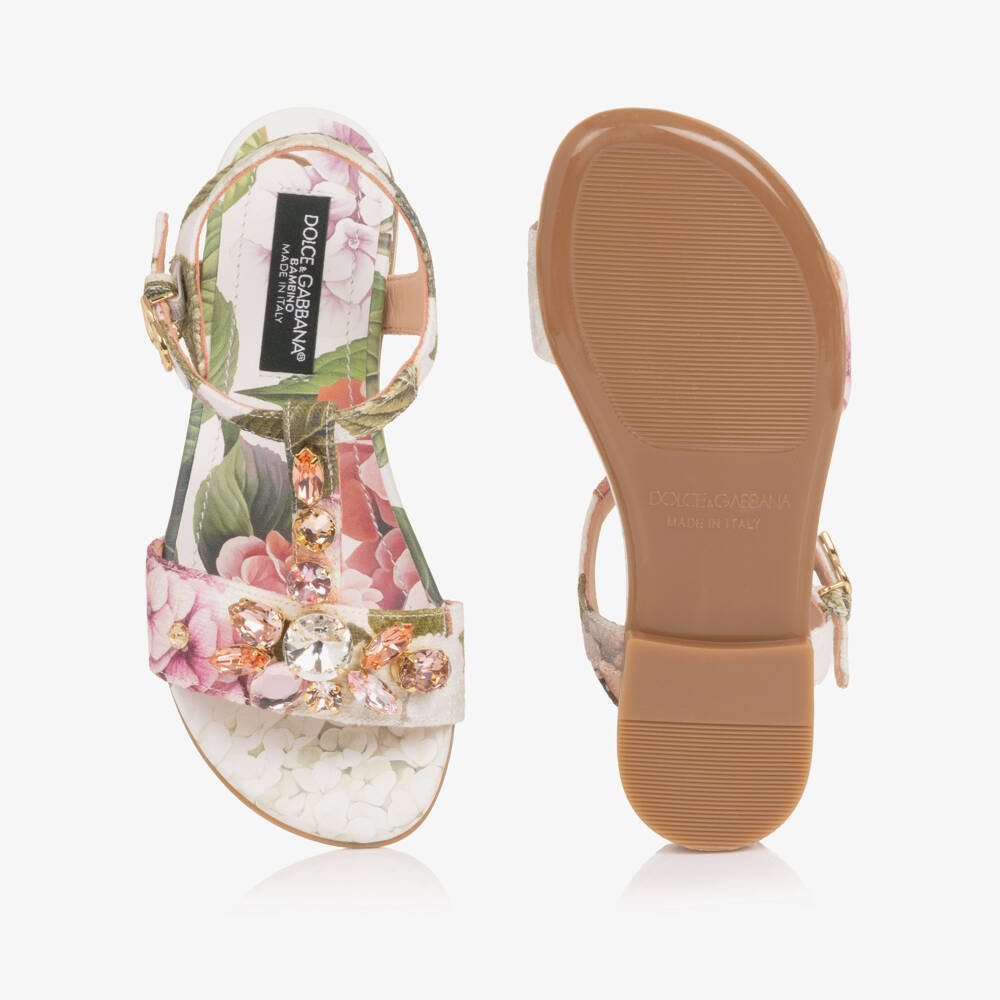 Dolce & Gabbana-Girls White & Pink Hydrangea Print Sandals | Childrensalon Outlet