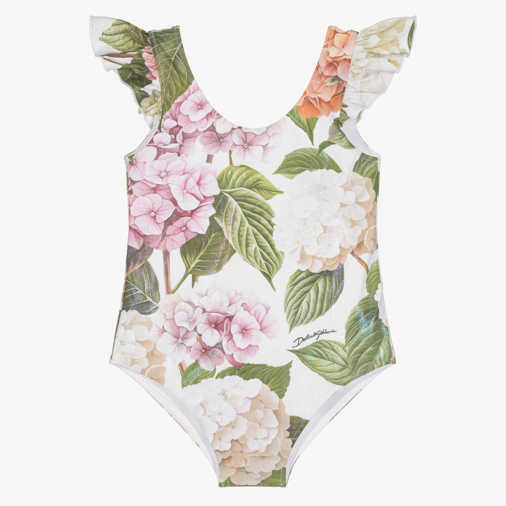 Dolce & Gabbana-Girls White & Pink Hydrangea Print Swimsuit | Childrensalon Outlet