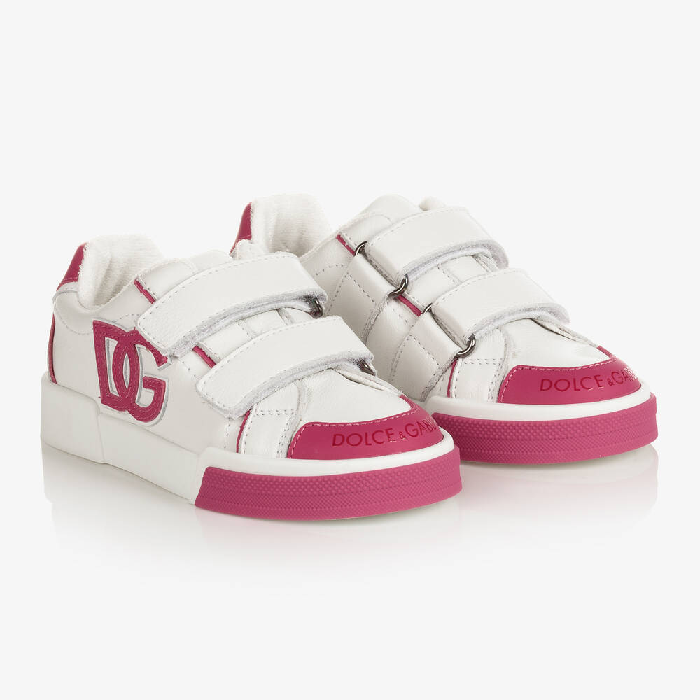 Dolce & Gabbana - Girls White & Pink Leather DG Logo Trainers | Childrensalon