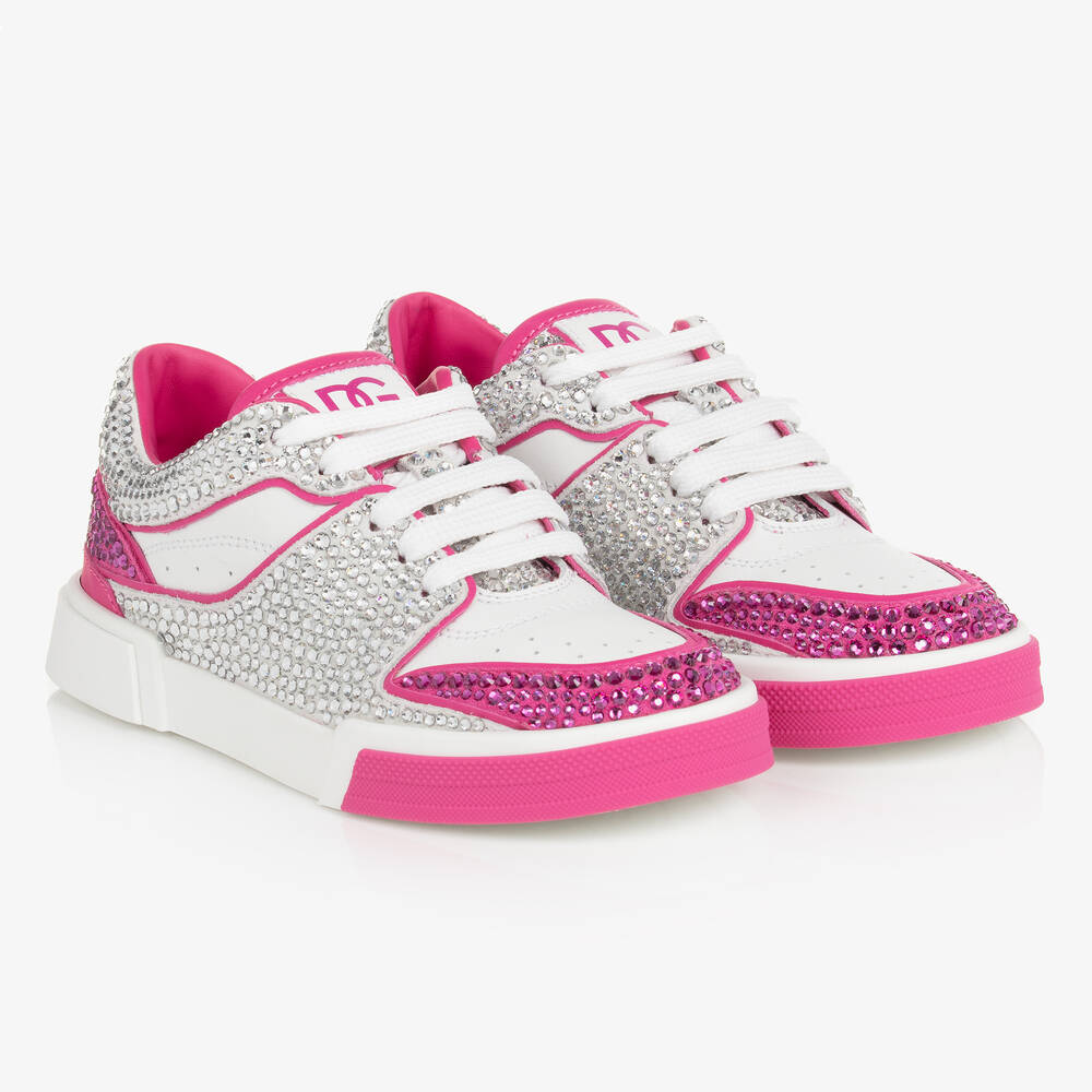 Dolce & Gabbana - Girls White & Pink Rhinestone Leather Trainers | Childrensalon