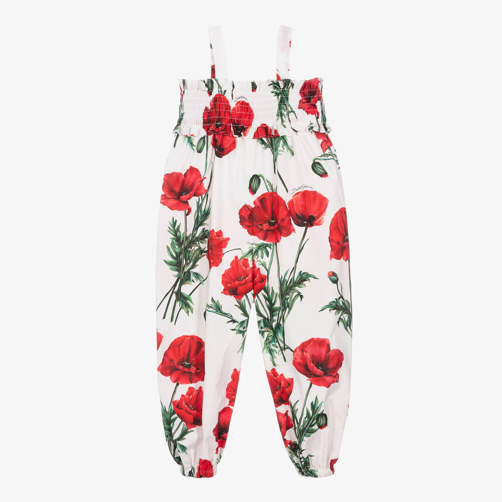 Dolce & Gabbana-جمبسوت قطن بوبلين لون أبيض بطبعة ورود للبنات | Childrensalon Outlet