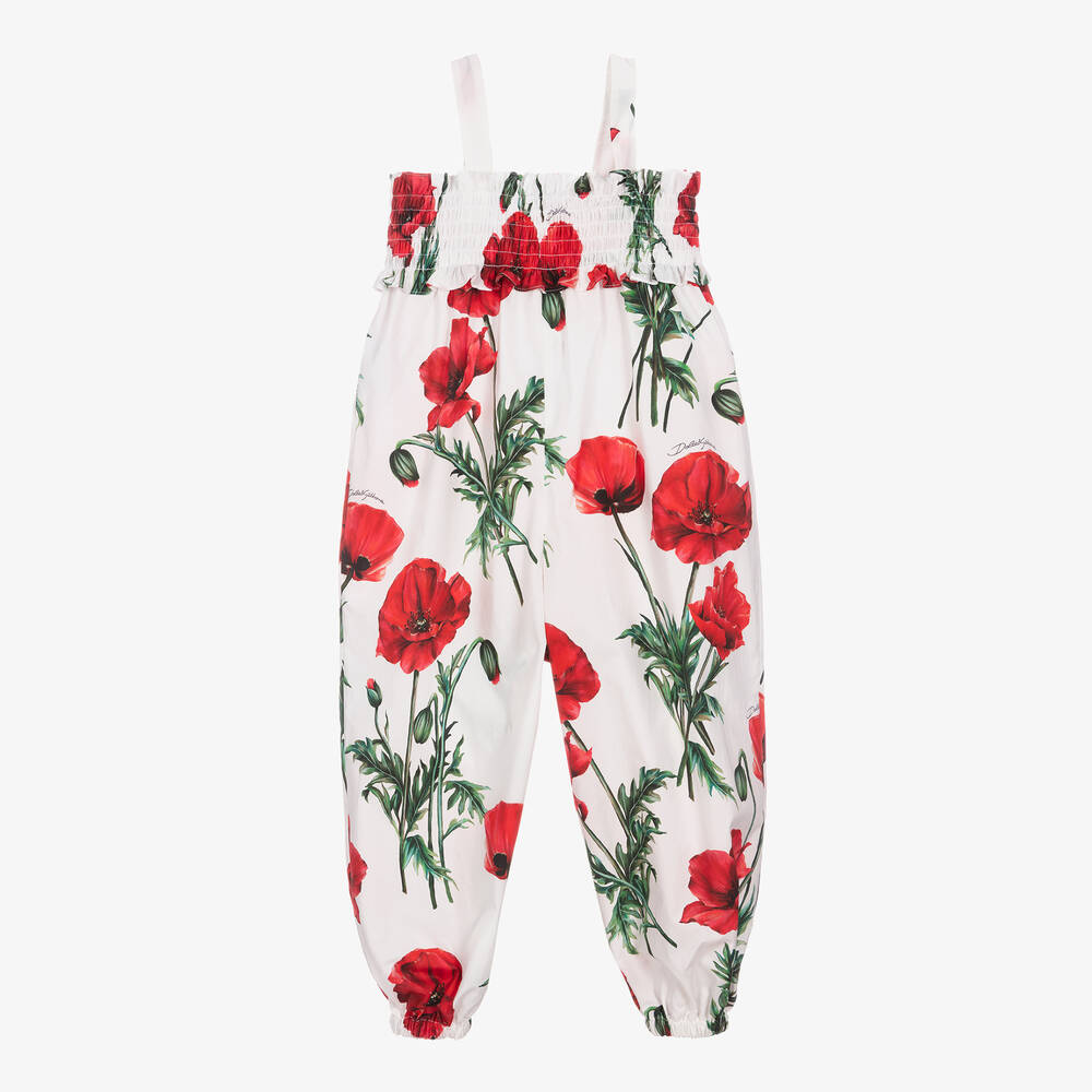 Dolce & Gabbana-جمبسوت قطن بوبلين لون أبيض بطبعة ورود للبنات | Childrensalon Outlet