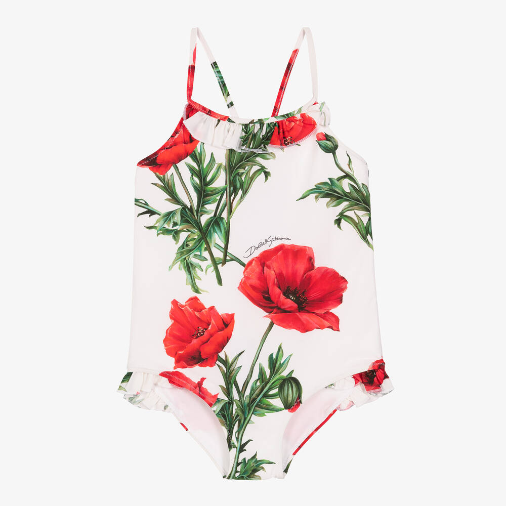 Dolce & Gabbana - Girls White Poppy Logo Swimsuit | Childrensalon
