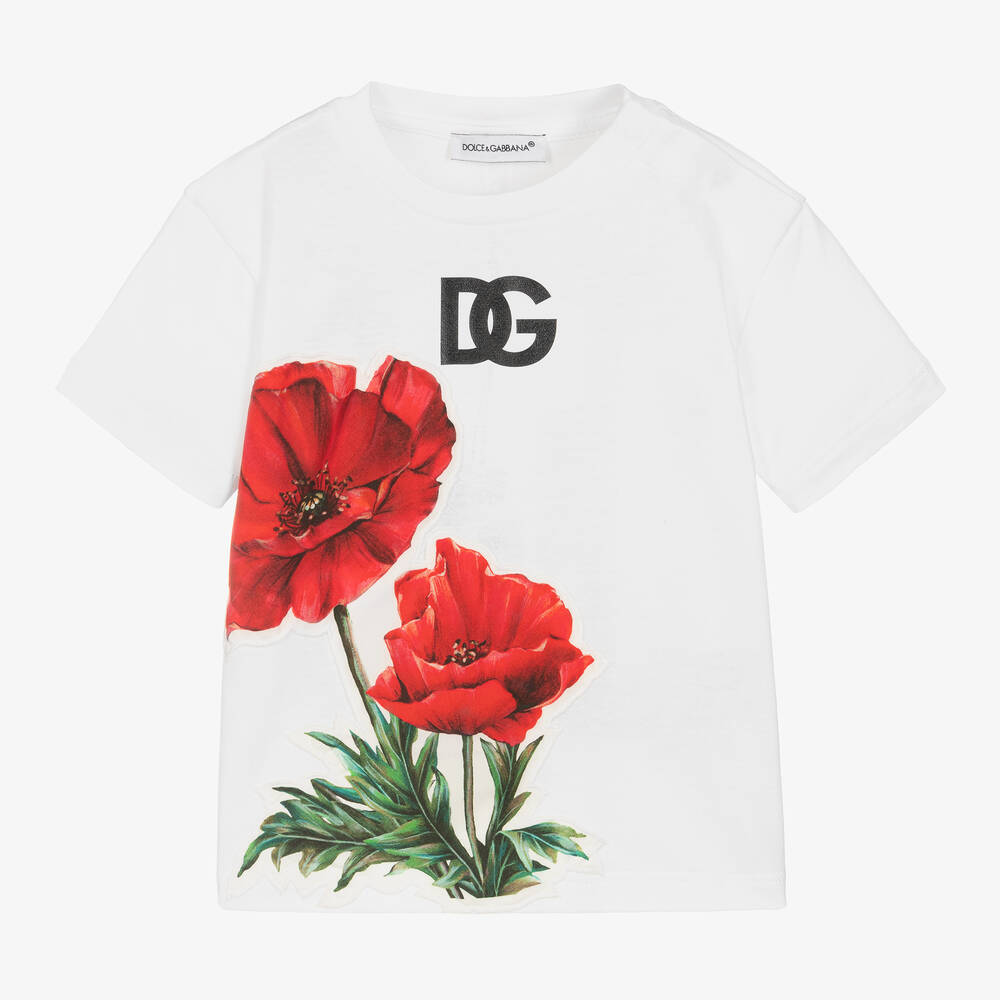 Dolce & Gabbana - Weißes T-Shirt mit Mohnblumen-Print | Childrensalon