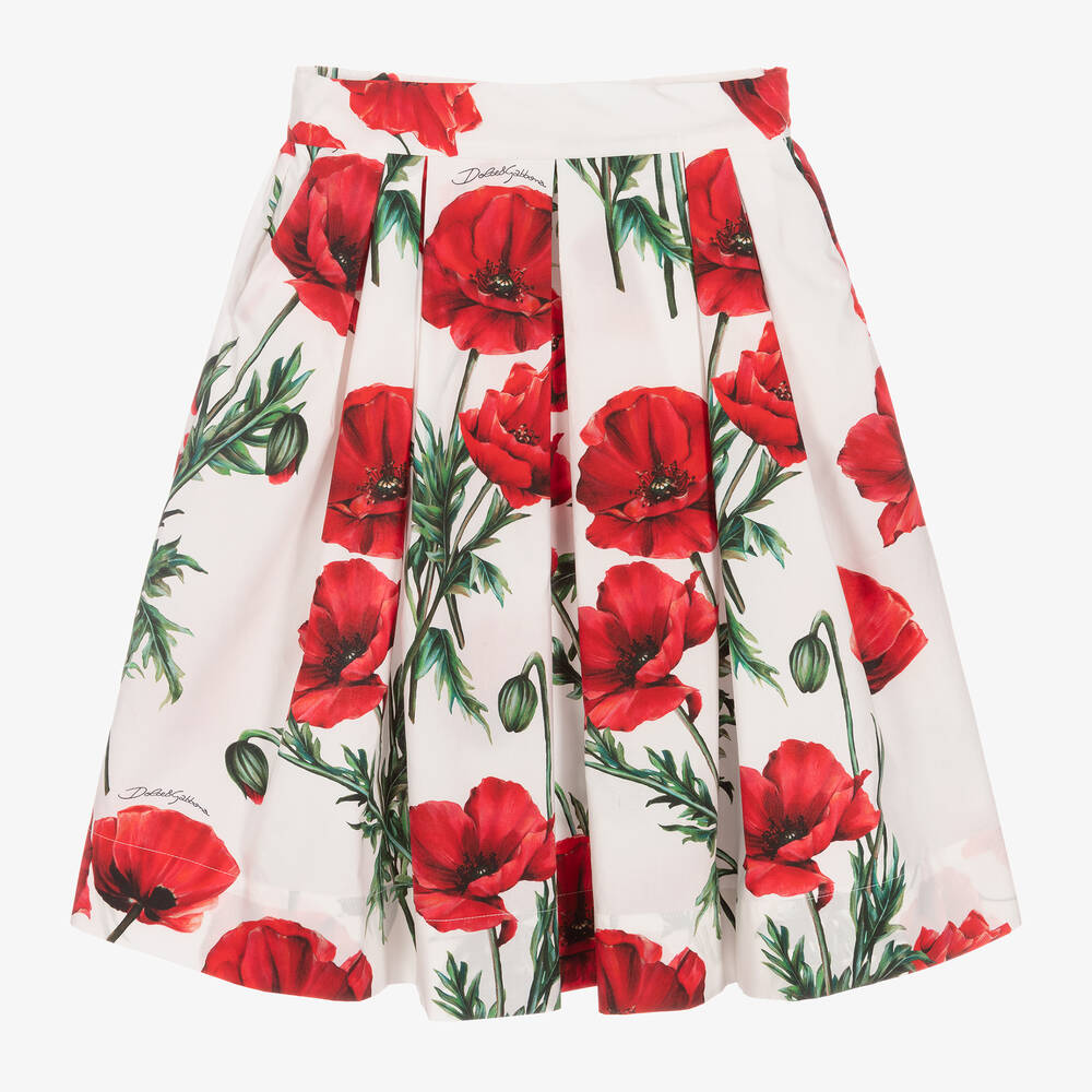 Dolce & Gabbana-Girls White Poppy Midi Skirt | Childrensalon Outlet