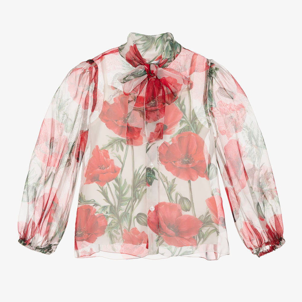 Dolce & Gabbana - Mohnblumen-Seidenchiffonbluse weiß  | Childrensalon