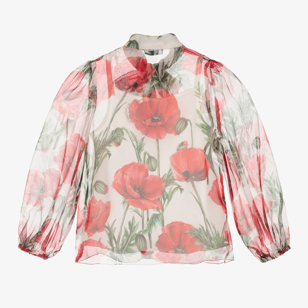 Dolce & Gabbana-Girls White Poppy Silk Chiffon Blouse | Childrensalon Outlet