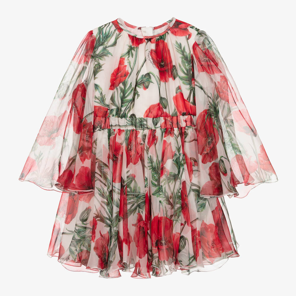 Dolce & Gabbana - Mohnblumen-Seidenchiffonkleid weiß  | Childrensalon