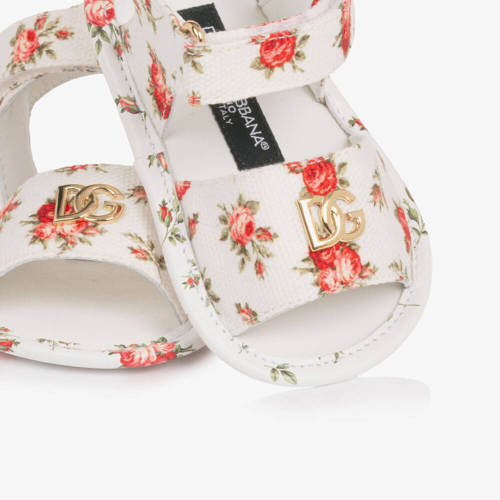 Dolce & Gabbana-Girls White Pre-Walker Sandals with Red Rose Print | Childrensalon Outlet