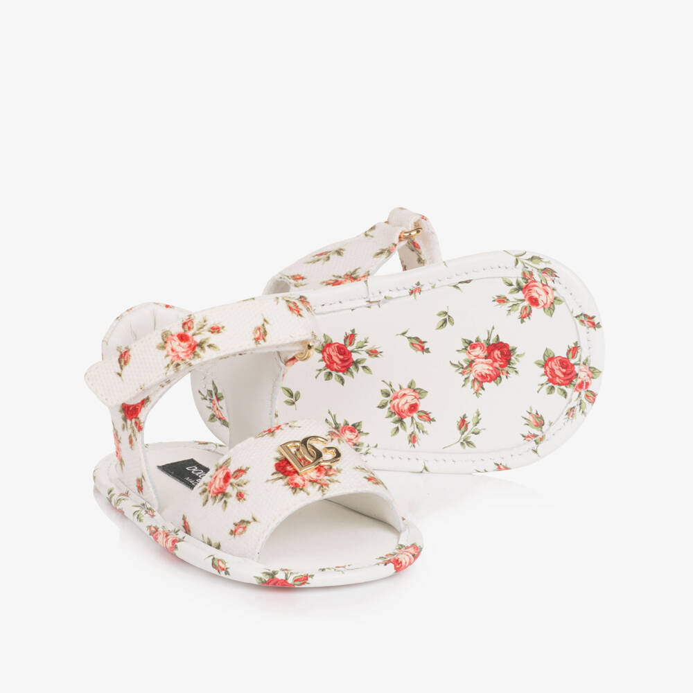 Dolce & Gabbana-Girls White Pre-Walker Sandals with Red Rose Print | Childrensalon Outlet