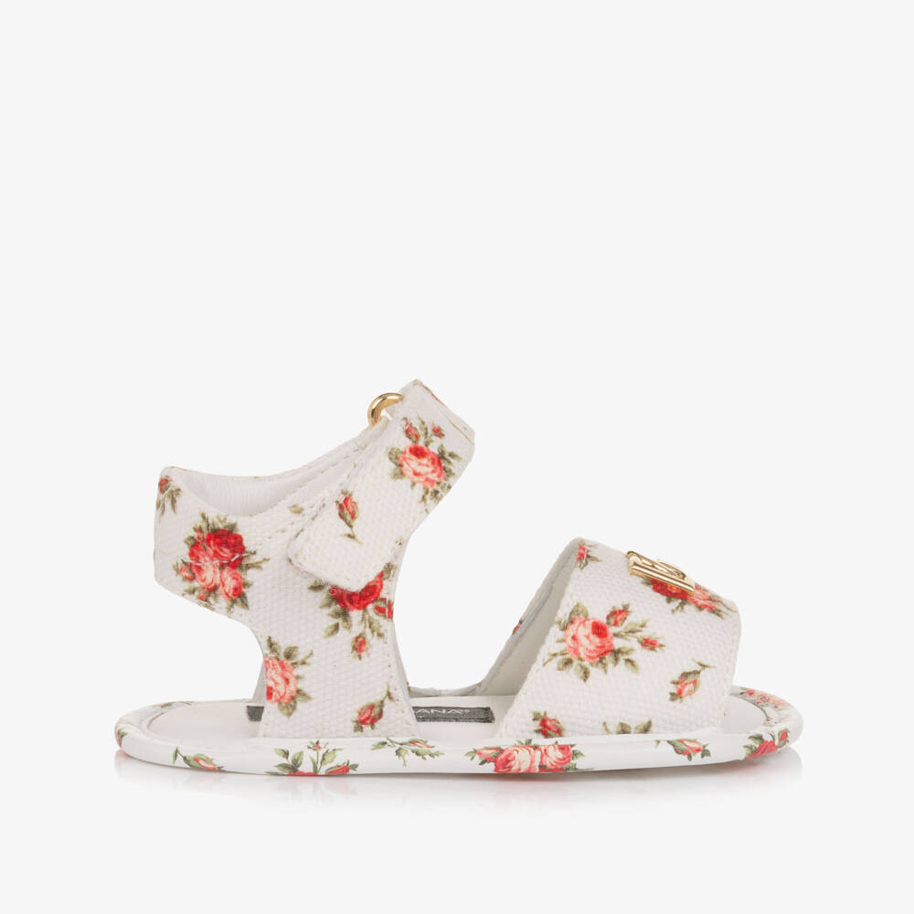 Dolce & Gabbana-Girls White Pre-Walker Sandals with Red Rose Print | Childrensalon Outlet