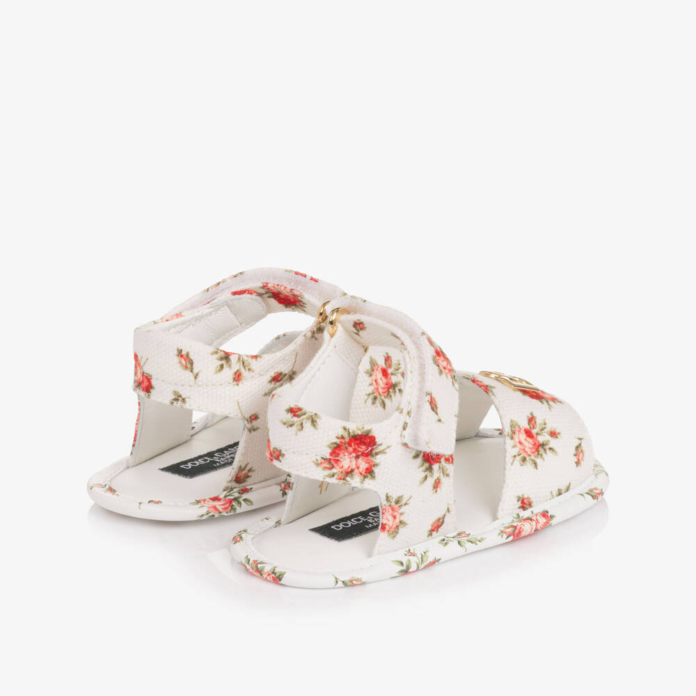 Dolce & Gabbana-Girls White Pre-Walker Sandals with Red Rose Print | Childrensalon Outlet