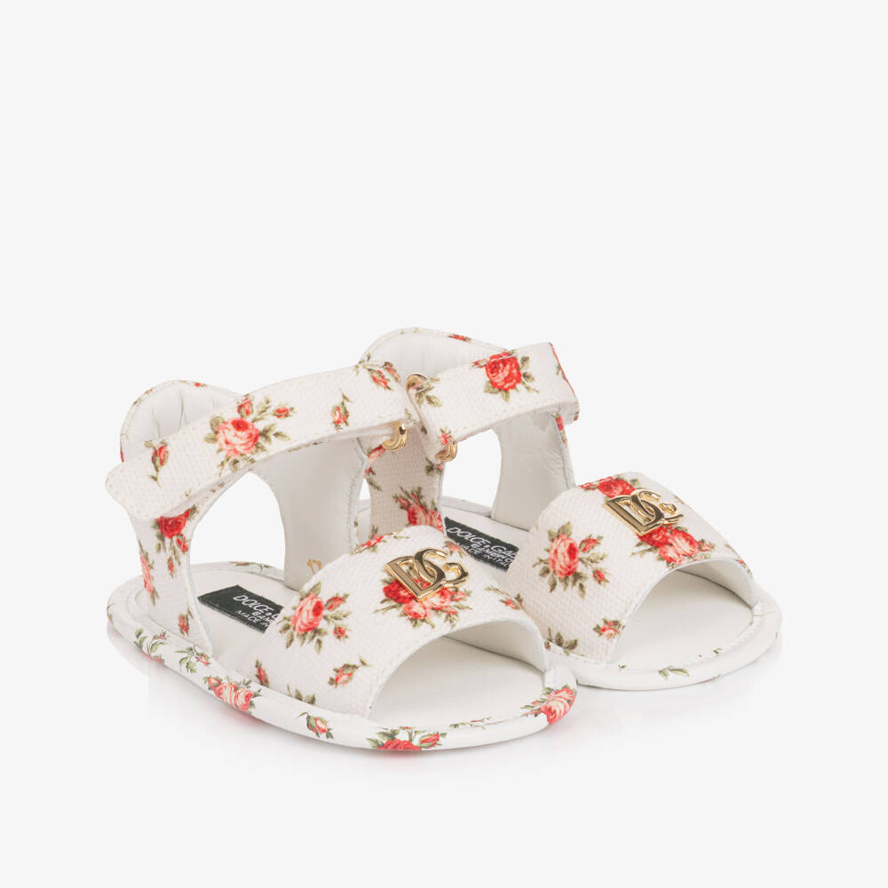 Dolce & Gabbana-Girls White Pre-Walker Sandals with Red Rose Print | Childrensalon Outlet