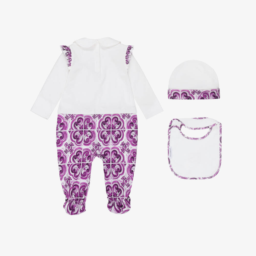 Dolce & Gabbana-Girls White & Purple Majolica Print Babysuit Set | Childrensalon Outlet