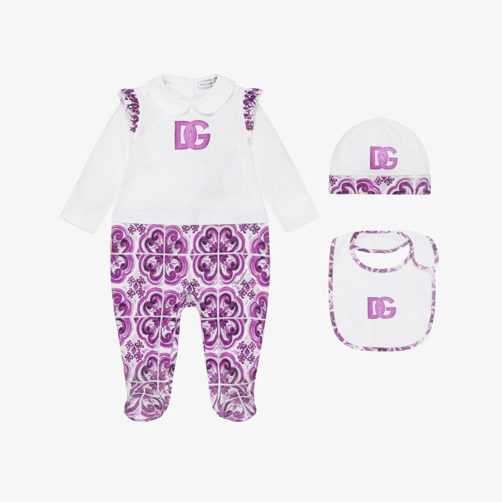 Dolce & Gabbana-Girls White & Purple Majolica Print Babysuit Set | Childrensalon Outlet