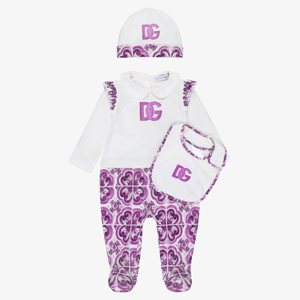 Dolce & Gabbana-Girls White & Purple Majolica Print Babysuit Set | Childrensalon Outlet