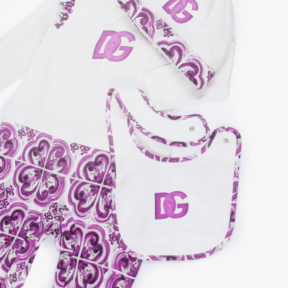 Dolce & Gabbana-Girls White & Purple Majolica Print Babysuit Set | Childrensalon Outlet