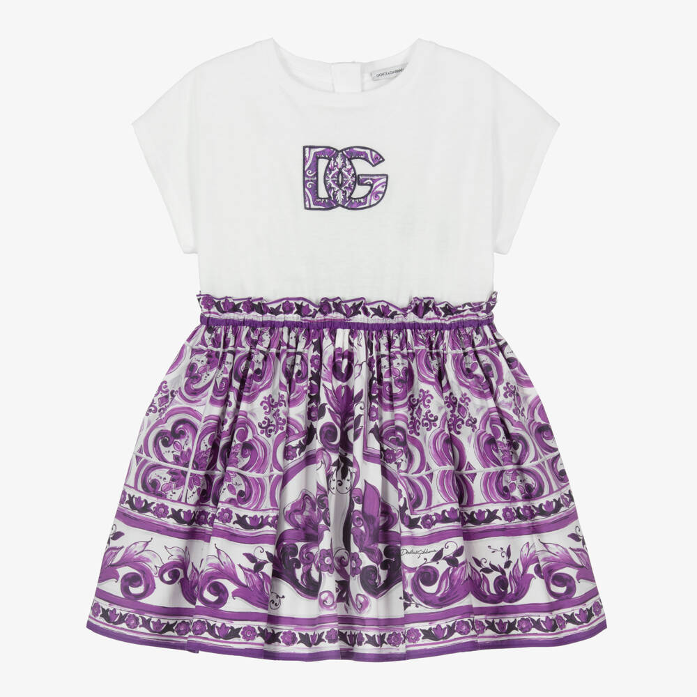 Dolce & Gabbana-Girls White & Purple Majolica Print Cotton DG Logo Dress | Childrensalon Outlet