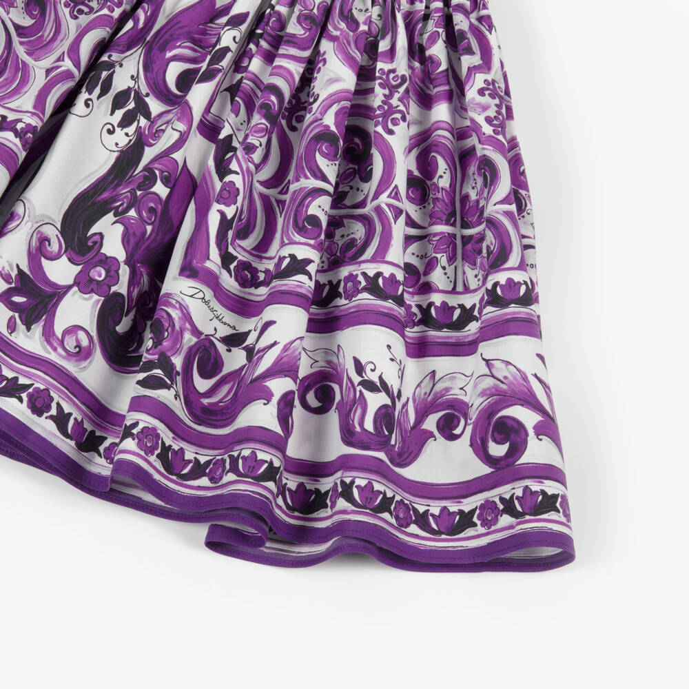 Dolce & Gabbana-Girls White & Purple Majolica Print Cotton DG Logo Dress | Childrensalon Outlet