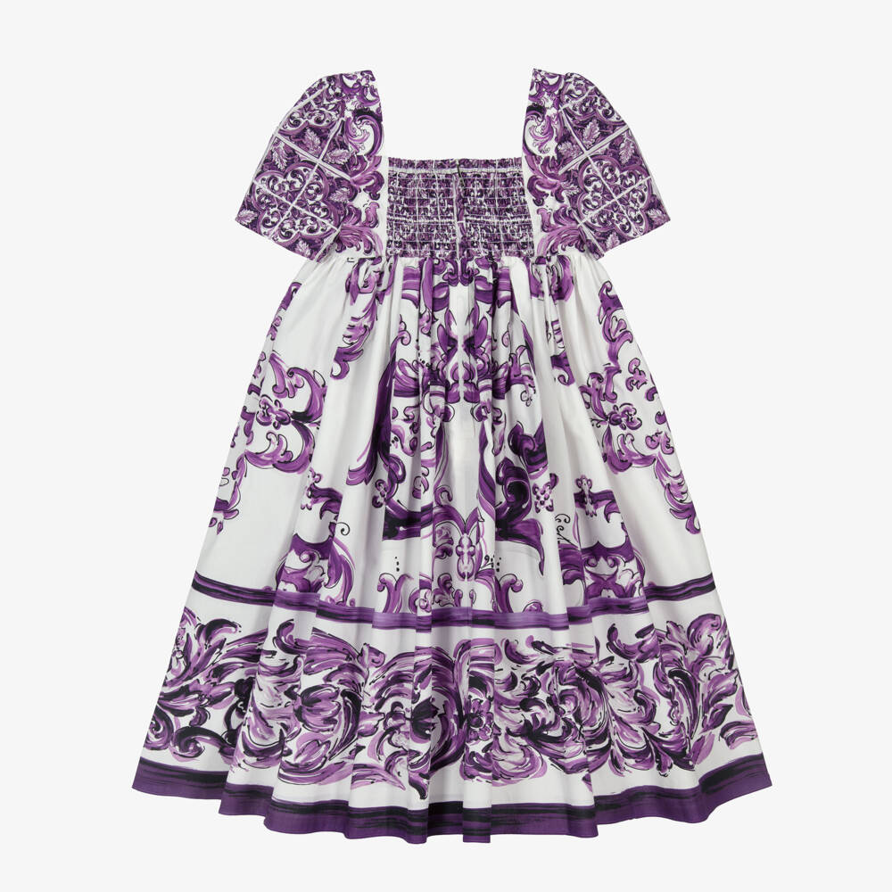 Dolce & Gabbana-Girls White & Purple Majolica Print Cotton Dress | Childrensalon Outlet