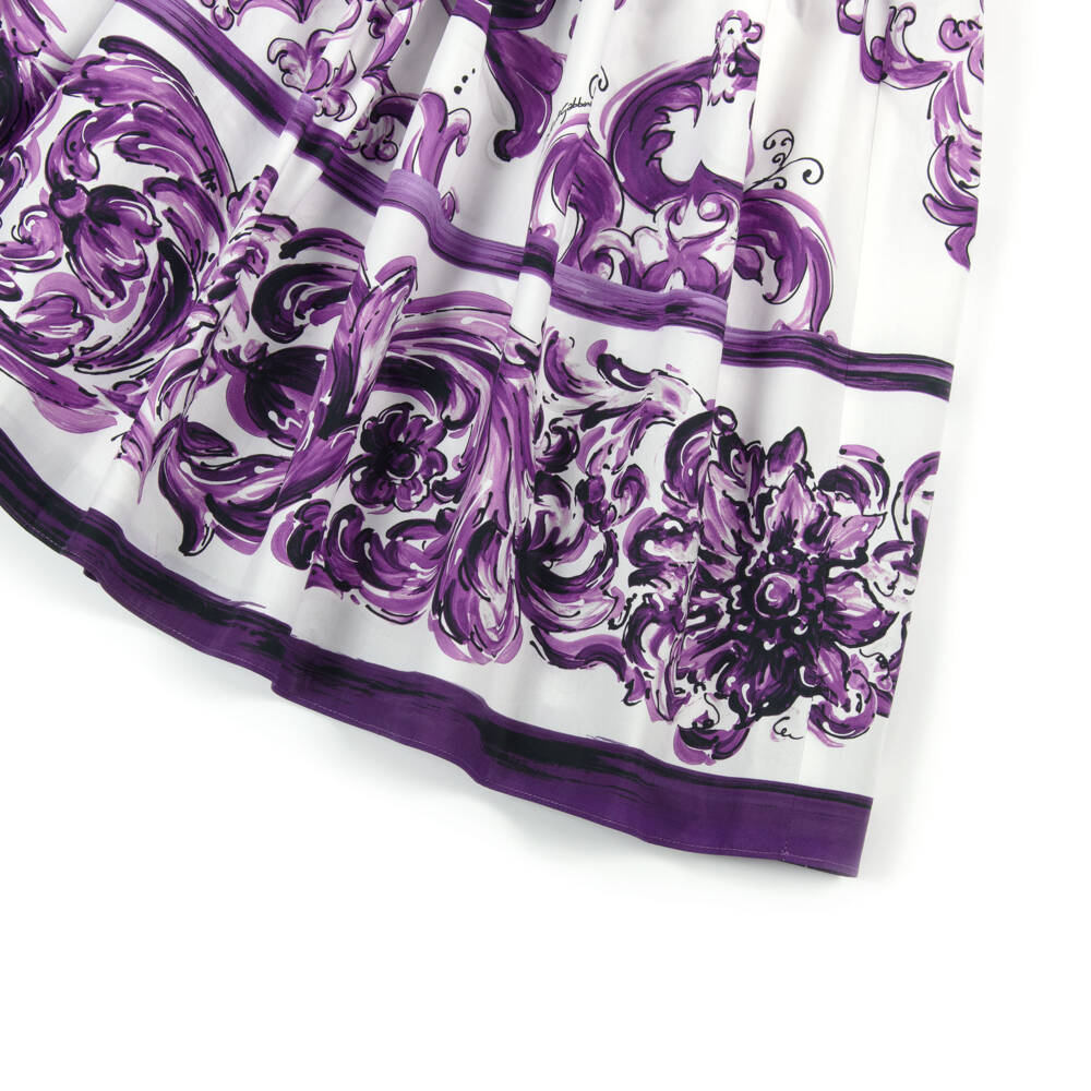 Dolce & Gabbana-Girls White & Purple Majolica Print Cotton Dress | Childrensalon Outlet