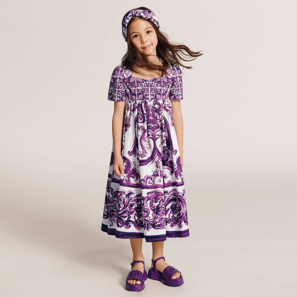 Dolce & Gabbana-Girls White & Purple Majolica Print Cotton Dress | Childrensalon Outlet