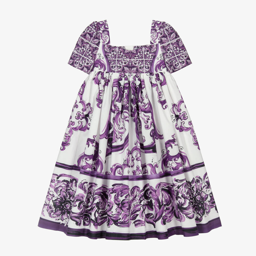 Dolce & Gabbana-Girls White & Purple Majolica Print Cotton Dress | Childrensalon Outlet