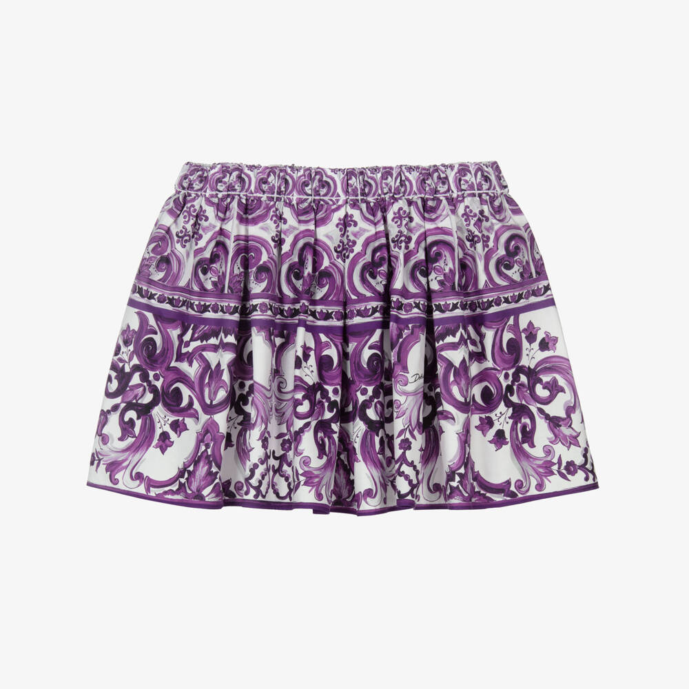 Dolce & Gabbana-Girls White & Purple Majolica Print Cotton Poplin Skirt | Childrensalon Outlet