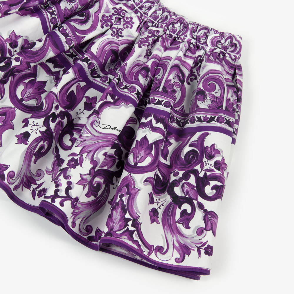 Dolce & Gabbana-Girls White & Purple Majolica Print Cotton Poplin Skirt | Childrensalon Outlet