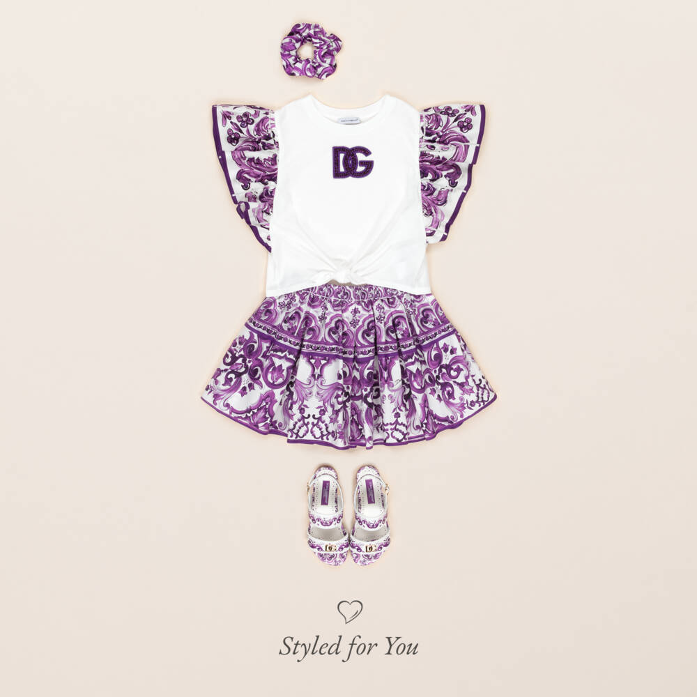 Dolce & Gabbana-Girls White & Purple Majolica Print Cotton Poplin Skirt | Childrensalon Outlet