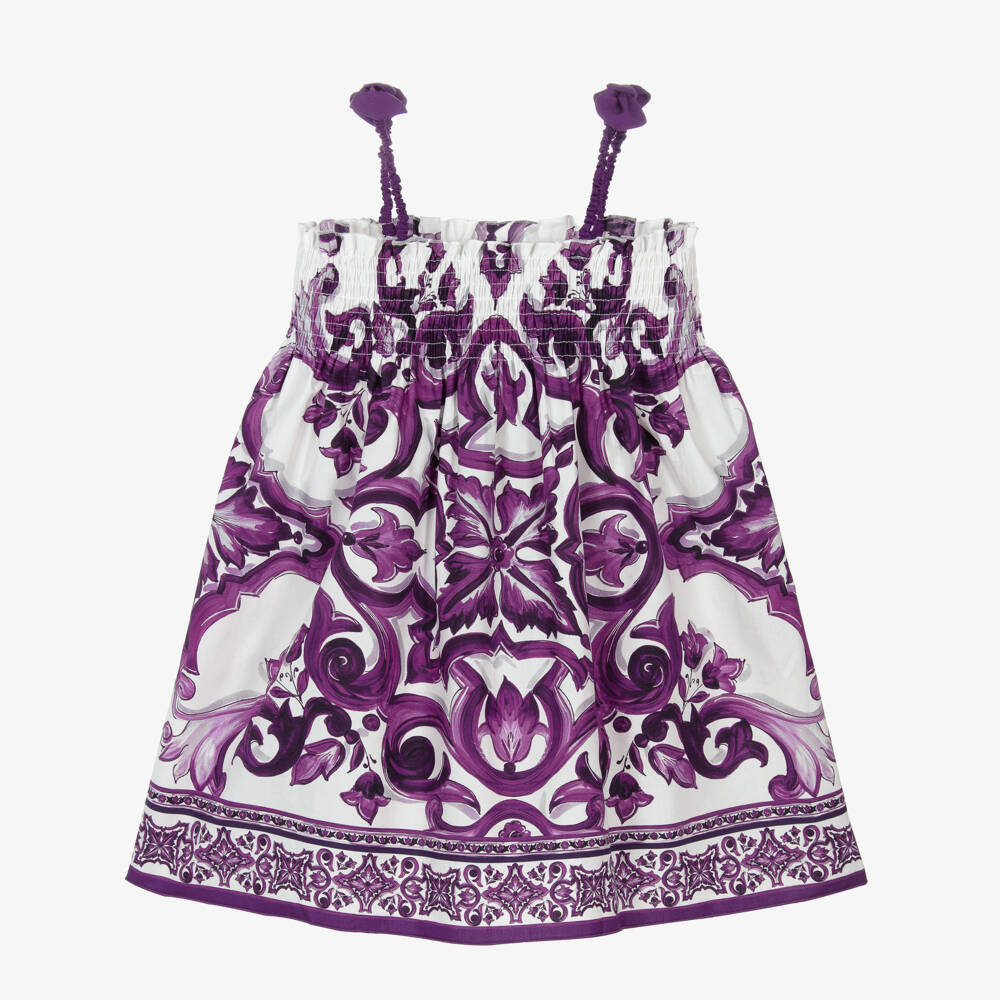 Dolce & Gabbana-Girls White & Purple Majolica Print Cotton Poplin Sun Dress | Childrensalon Outlet