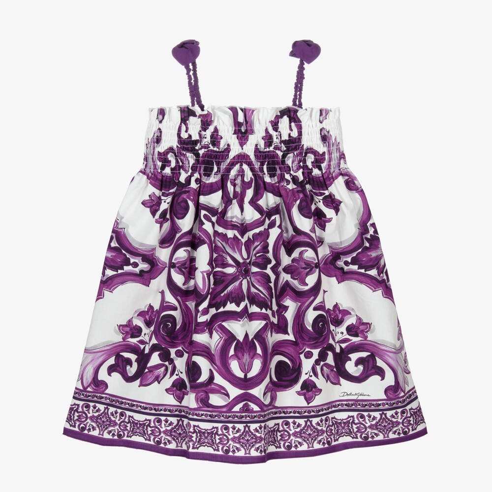 Dolce & Gabbana-Girls White & Purple Majolica Print Cotton Poplin Sun Dress | Childrensalon Outlet